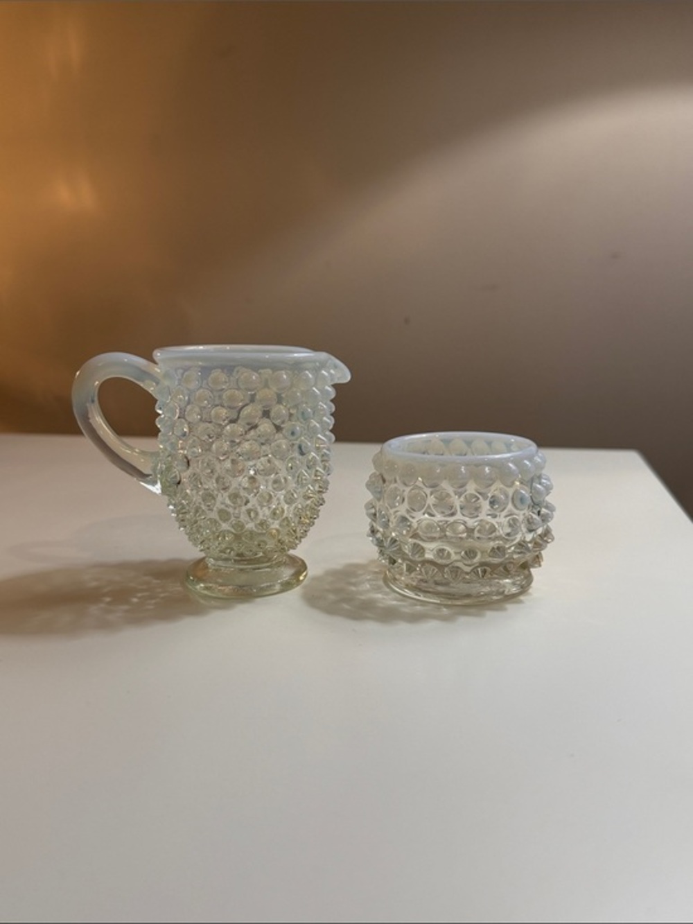 Hobnail Glass Creamer and Sugar Set - Opalescent White